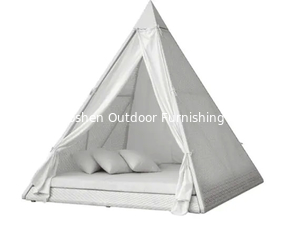 Cabaña triangular con cortina de mimbre, dosel de plástico, lecho de sol patio trasero, cama de día de ratan resistente a los rayos UV---6106