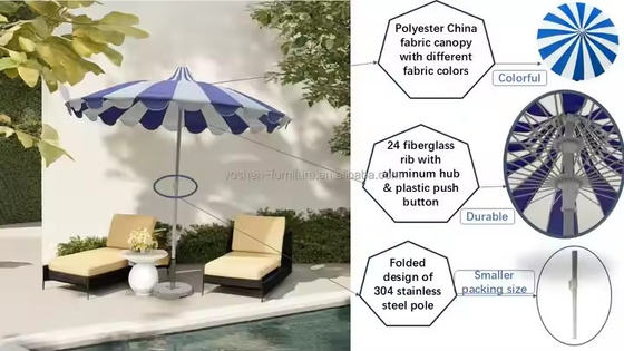 Sombrilla de patio pagoda con poste de acero inoxidable de 8.5 pies, varillas de fibra de vidrio, sombrilla de playa pagoda roja y blanca
