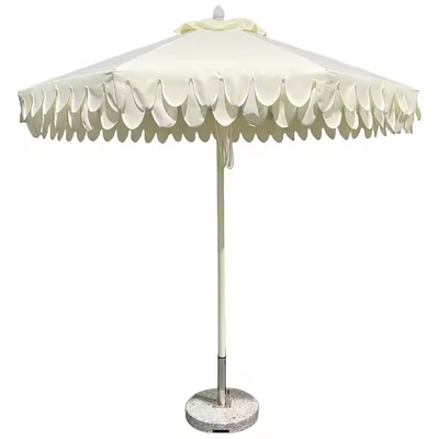 Sombrilla de mercado con flecos festoneados octogonales blancos de 9 pies, sombrilla parasol con ribete doble festoneado y solapas