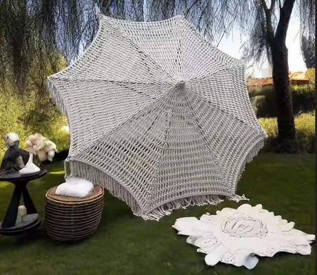 9 pies Hotel Tassel Playa Paraguas Fringe Paraguas Mercado Mundial Cordón de algodón Tejido Crochet Tassel Canopy Paraguas