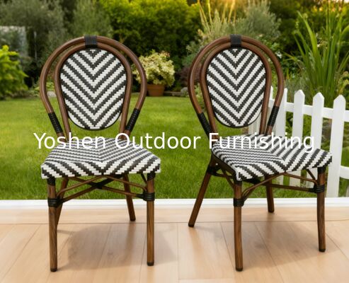 Muebles de exterior de ratán Todo tiempo Silla de jardín de ratán Silla de restaurante francesa Muebles de exterior de época en blanco y negro