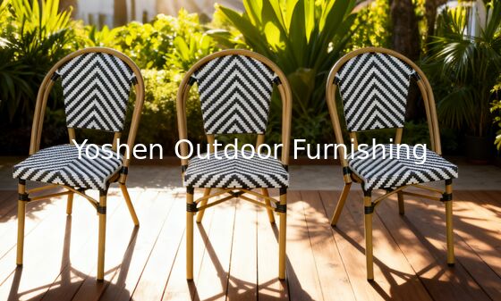 Silla de Bistro Francesa de Ratan de Aluminio de Bambú Cuadro Pintado Flechas de cebra con rayas Blanco Negro Silla de Exterior