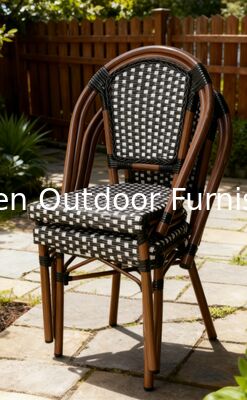 Silla de ratán tejido estilo francés de uso comercial, a cuadros blanco y negro, silla de comedor para patio para cafetería, restaurante, hotel