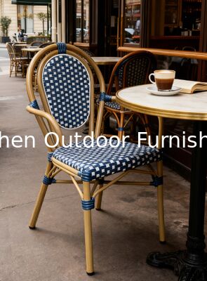 Yoshen French Bistro Chair Blue Restaurant Café Outdoor White and Blue Rattan Dining Arm Chair