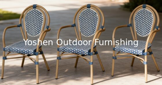 Yoshen French Bistro Chair Blue Restaurant Café Outdoor White and Blue Rattan Dining Arm Chair