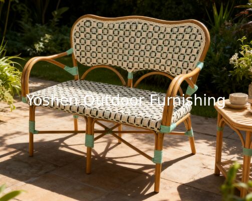 Banquete de Bistro Francés de Rattan con respaldo y reposabrazos para el patio de césped del porche