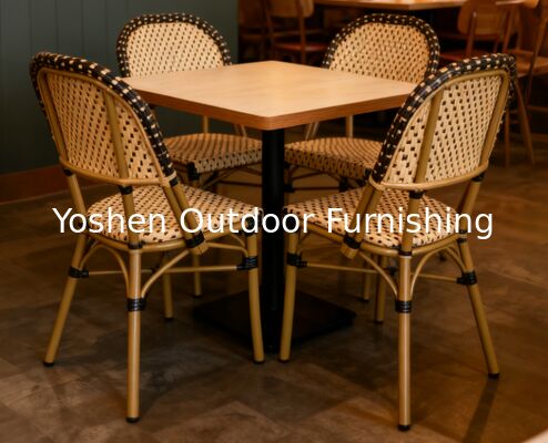 Sillas apilables de ratán estilo bistró francés, beige sobre negro, para tu jardín, patio, porche o terraza