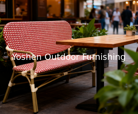 Outdoor French Bistro Rattan Sofa Bench Chair Rattan Restaurant Sofa Burgundy Red for Hotel Resort