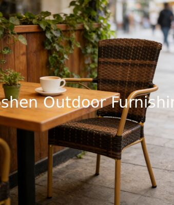 Silla de mimbre de jardín con aspecto de bambú y aluminio, silla de café para exteriores, silla de cafetería de plástico