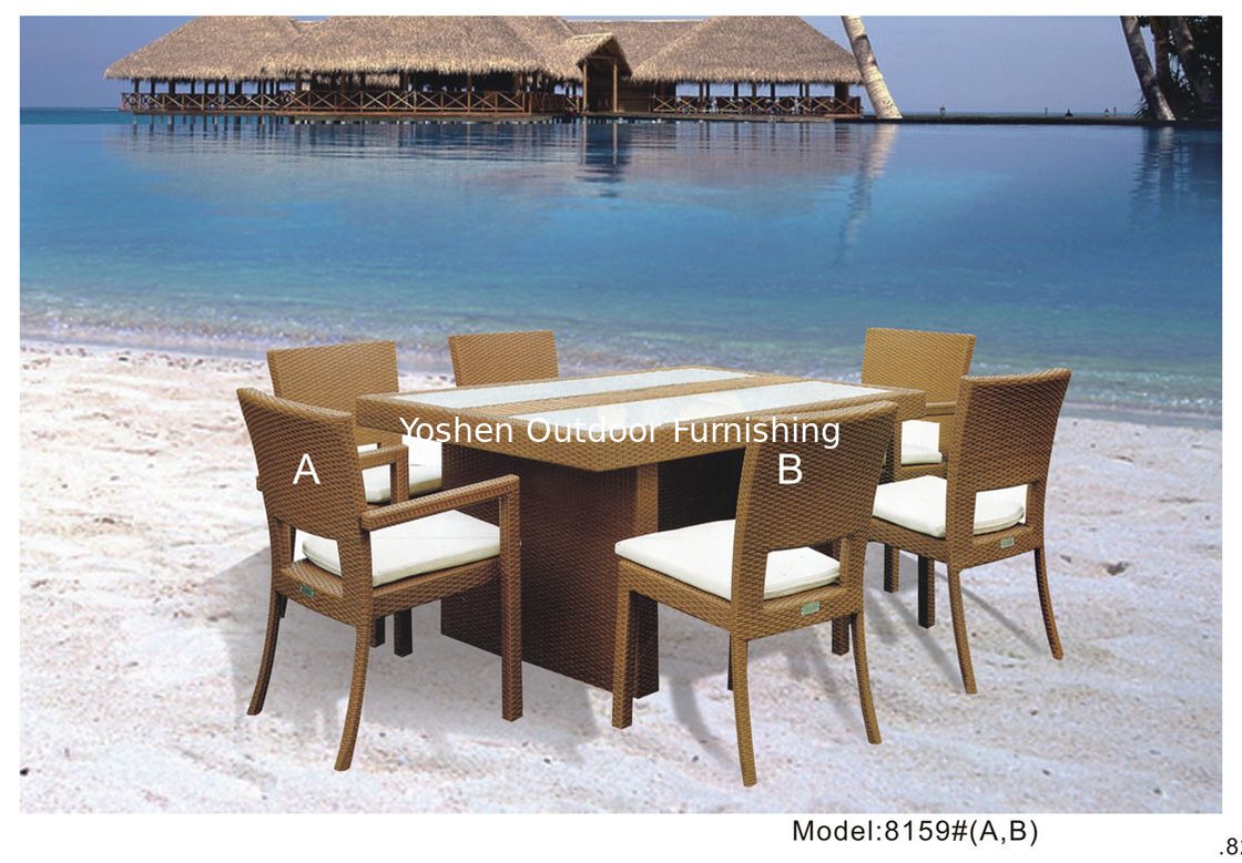 Set de comedor de café de mimbre PE de 7 piezas para 6 personas con 4 sillas sin brazos-8159