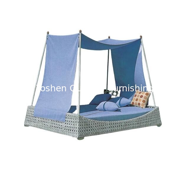 Cama de sol al aire libre de playa de ratán con dosel de tienda de campaña de tamaño queen cama de ratán con dosel---6115