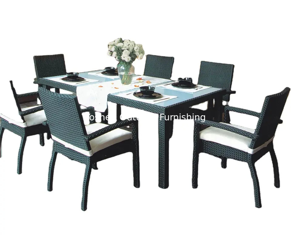 Sillones de comedor de rodillo para al aire libre con 6 asientos sillas de brazos de plástico de mimbre de jardín menos sillas con mesa---8008