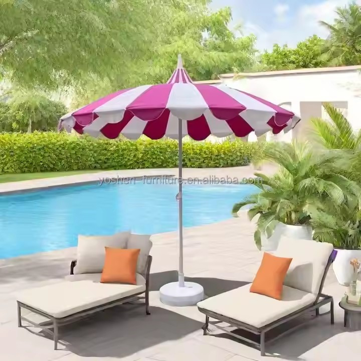 Sombrilla de patio pagoda con poste de acero inoxidable de 8.5 pies, varillas de fibra de vidrio, sombrilla de playa pagoda roja y blanca