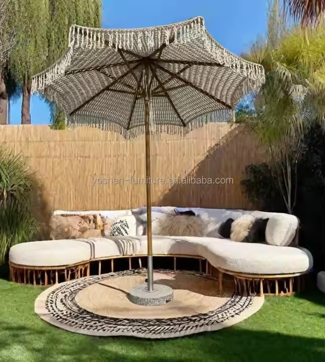9 pies Resort Beach Macrame paraguas de gancho Parasol Tassels Paraguas de dosel tejido Paraguas de franjas de macrame