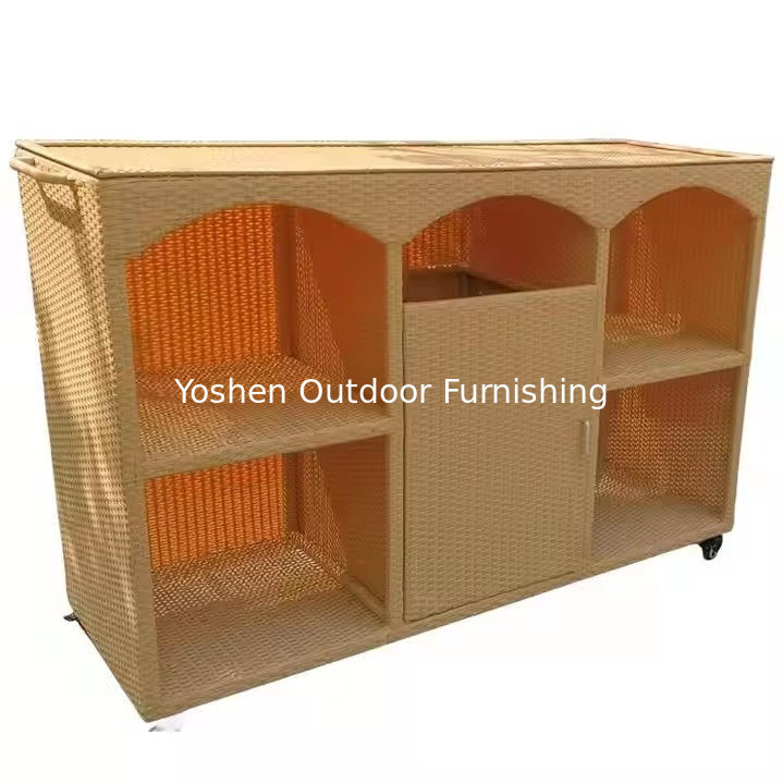 Muebles para piscinas personalizados Muebles para piscinas móviles de rattan de vidrio de PE Organizador de almacenamiento a prueba de clima Servicio de toallas para la piscina al aire libre