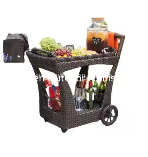 Hotel Portal Rattan Wicker Carro de plástico de vino tinto Servicio Carro de tranvía Restaurante bar Carro de bebidas con ruedas