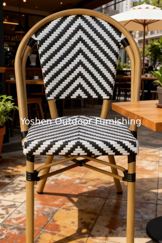Silla de Bistro Francesa de Ratan de Aluminio de Bambú Cuadro Pintado Flechas de cebra con rayas Blanco Negro Silla de Exterior