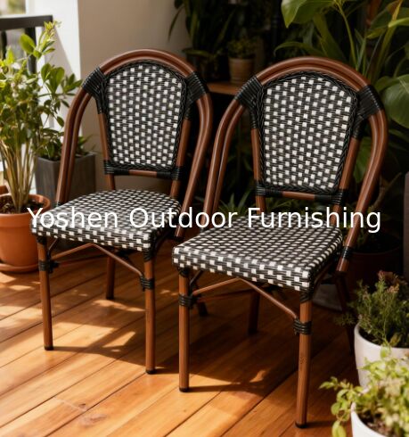 Silla de ratán tejido estilo francés de uso comercial, a cuadros blanco y negro, silla de comedor para patio para cafetería, restaurante, hotel