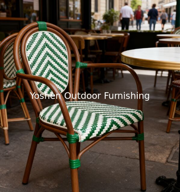 Silla verde comercial para exteriores de vidrio sintético y bambú con espalda curva apilada