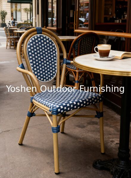 Yoshen French Bistro Chair Blue Restaurant Café Outdoor White and Blue Rattan Dining Arm Chair
