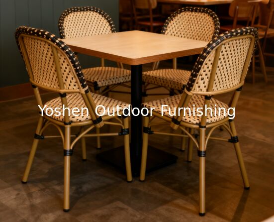 Sillas apilables de ratán estilo bistró francés, beige sobre negro, para tu jardín, patio, porche o terraza