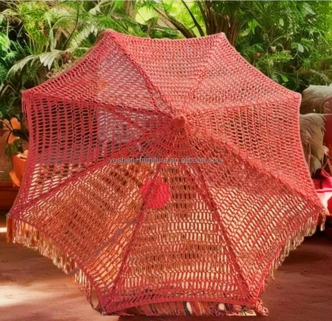 Sombrilla de mercado para exteriores de 9 pies, roja, rosa, colorida, con tejido de cuerda, macramé, ganchillo y parasol 0