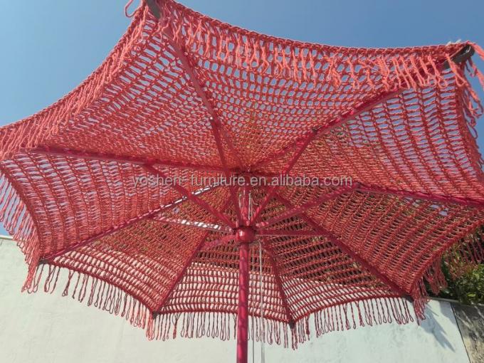 Sombrilla de mercado para exteriores de 9 pies, roja, rosa, colorida, con tejido de cuerda, macramé, ganchillo y parasol 3