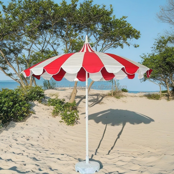 Sombrilla de patio pagoda con poste de acero inoxidable de 8.5 pies, varillas de fibra de vidrio, sombrilla de playa pagoda roja y blanca 3