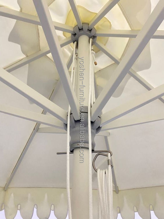 Sombrilla de mercado con flecos festoneados octogonales blancos de 9 pies, sombrilla parasol con ribete doble festoneado y solapas 1