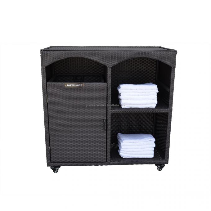 Accesorios para piscina: Gabinete de almacenamiento de ratán, carrito de mimbre para toallas junto a la piscina 7