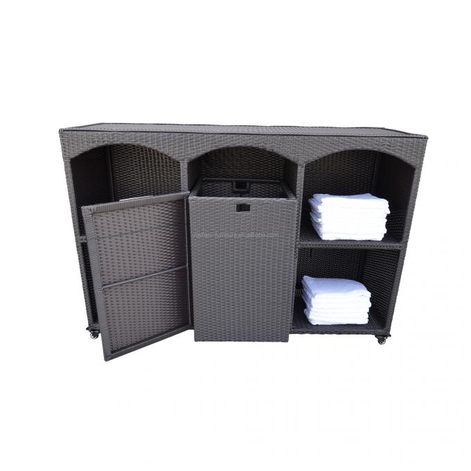 Accesorios para piscina: Gabinete de almacenamiento de ratán, carrito de mimbre para toallas junto a la piscina 2