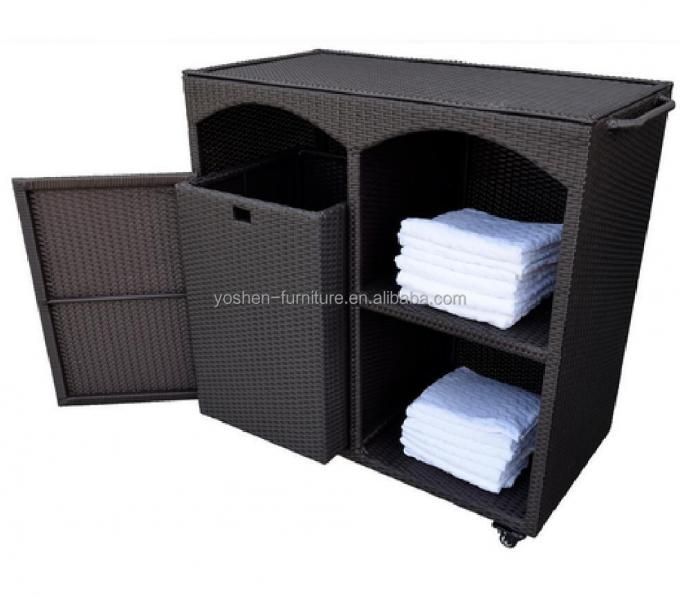 Accesorios para piscina: Gabinete de almacenamiento de ratán, carrito de mimbre para toallas junto a la piscina 13